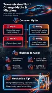 Automotive infographic explaining common transmission fluid myths, incorrect service beliefs, and mistakes like using the wrong fluid type or overfilling
