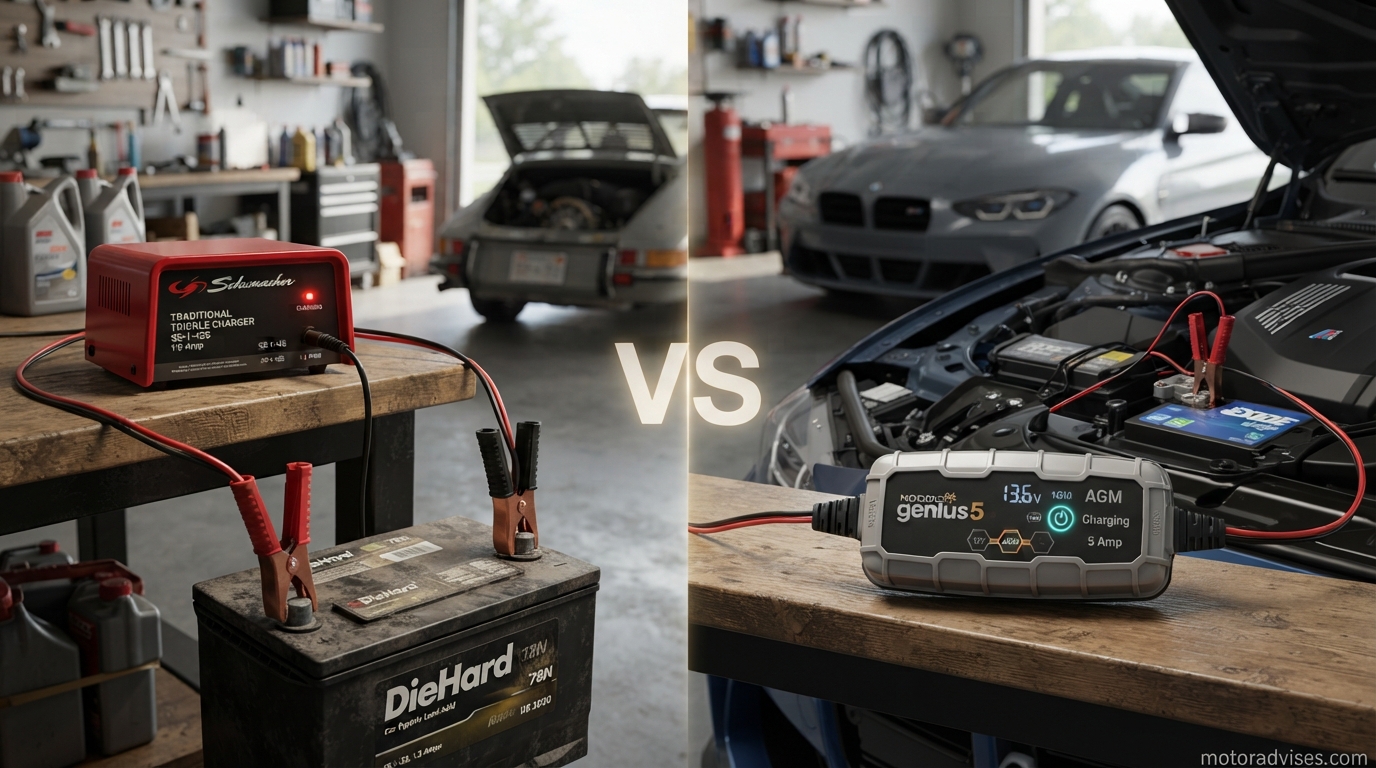 Trickle charger and smart battery maintainer connected to car batteries for comparison