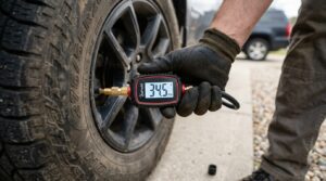 using digital tire pressure gauge on car tire valve