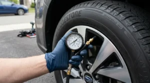 using tire pressure gauge on car tire valve