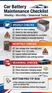 Pinterest-style infographic showing a weekly, monthly, and seasonal car battery maintenance checklist including voltage testing, corrosion inspection, cable checks, and battery storage tips