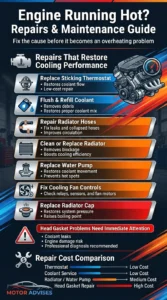 Automotive infographic showing repairs and maintenance for an engine running hot including thermostat replacement, coolant flush, radiator service, water pump repair, and head gasket warning signs