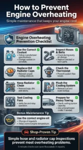 Pinterest-style automotive infographic showing engine overheating prevention tips including coolant maintenance, radiator cleaning, hose inspection, cooling fan testing, and regular oil changes