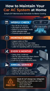 Pinterest-style infographic showing a car AC maintenance schedule with weekly, monthly, six-month, and annual tasks to improve cooling performance and prevent AC problems.