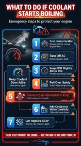 Automotive infographic showing emergency roadside steps to take when engine coolant starts boiling including turning on the heater, stopping safely, and avoiding opening the radiator cap while hot
