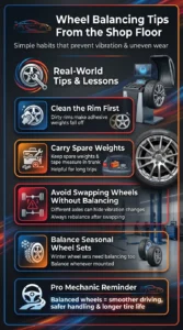 Automotive infographic sharing practical wheel balancing tips including cleaning rims, carrying spare weights, balancing seasonal wheels, and avoiding wheel swaps without rebalancing