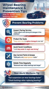 Automotive infographic showing wheel bearing maintenance and prevention tips including seal inspection, tire rotation, proper grease use, and suspension checks