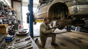 mechanic replacing faulty wheel hub bearing assembly
