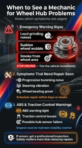 Automotive infographic showing dangerous wheel hub symptoms including grinding noises, wheel wobble, ABS warning lights, and vibration that require mechanic inspection