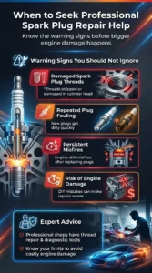 Automotive infographic explaining when to seek professional help for spark plug problems including damaged threads, repeated fouling, and persistent engine misfires