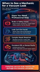 Automotive infographic explaining when to see a mechanic for vacuum leak problems including brake booster issues, hidden leaks, check engine lights, and complex repairs