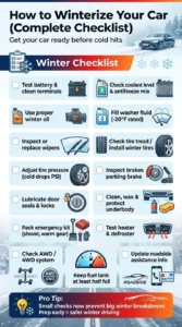 Infographic checklist showing how to winterize a car including battery check, coolant, tires, emergency kit, and winter maintenance tips