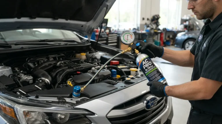 Use the core of the image prompts as your WordPress Alt Text (e.g., "Mechanic using a car AC recharge kit with a pressure gauge on a low-pressure port under the hood")