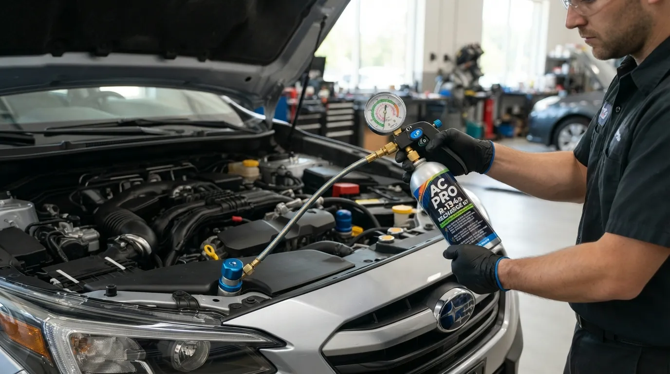Use the core of the image prompts as your WordPress Alt Text (e.g., "Mechanic using a car AC recharge kit with a pressure gauge on a low-pressure port under the hood")