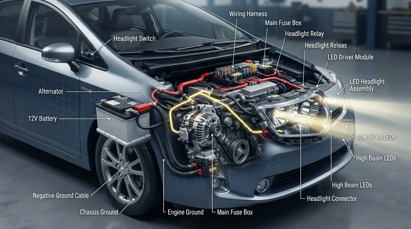car electrical system showing battery alternator voltage regulator and headlights