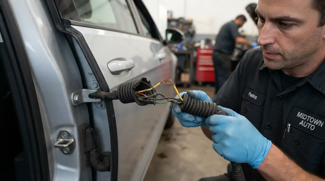 checking broken power window wires inside car door jamb