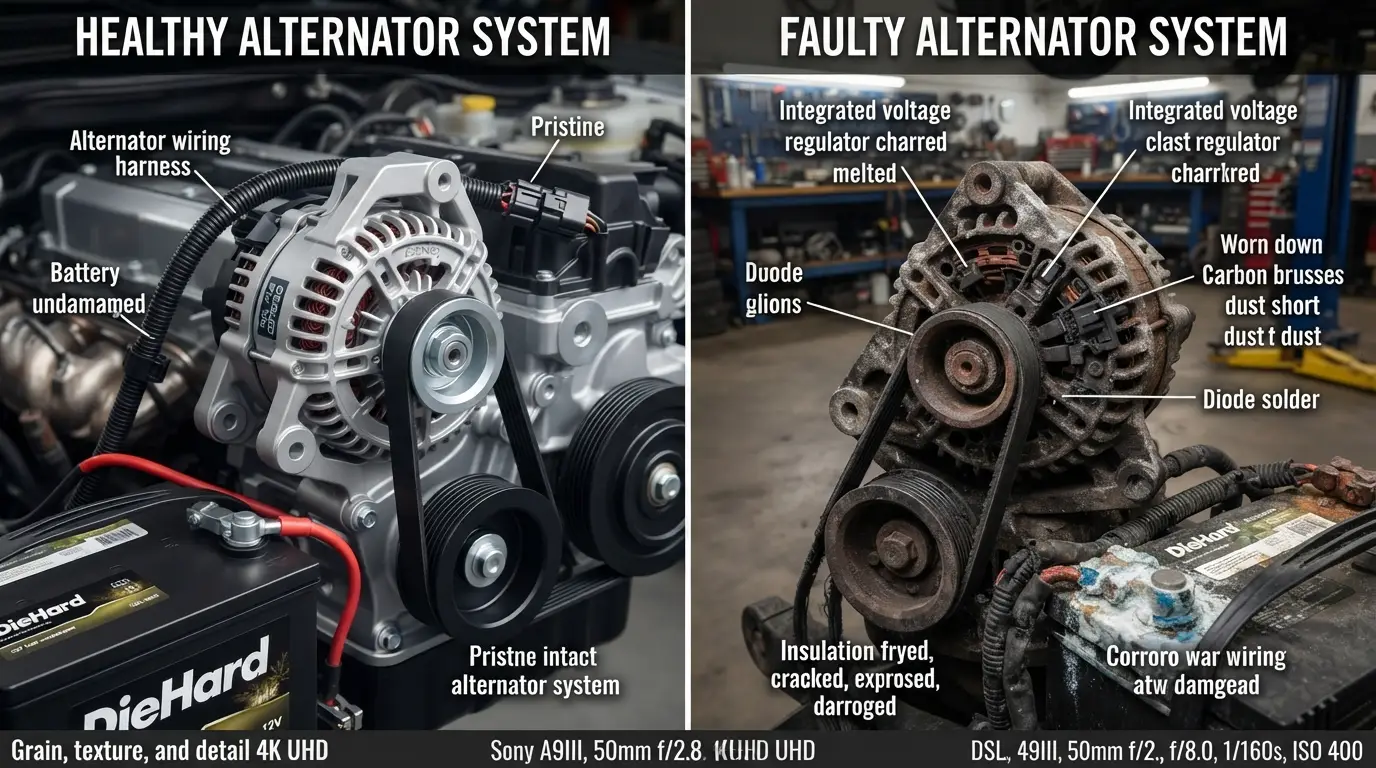 common causes of alternator not charging battery including worn brushes bad regulator and failed diodes