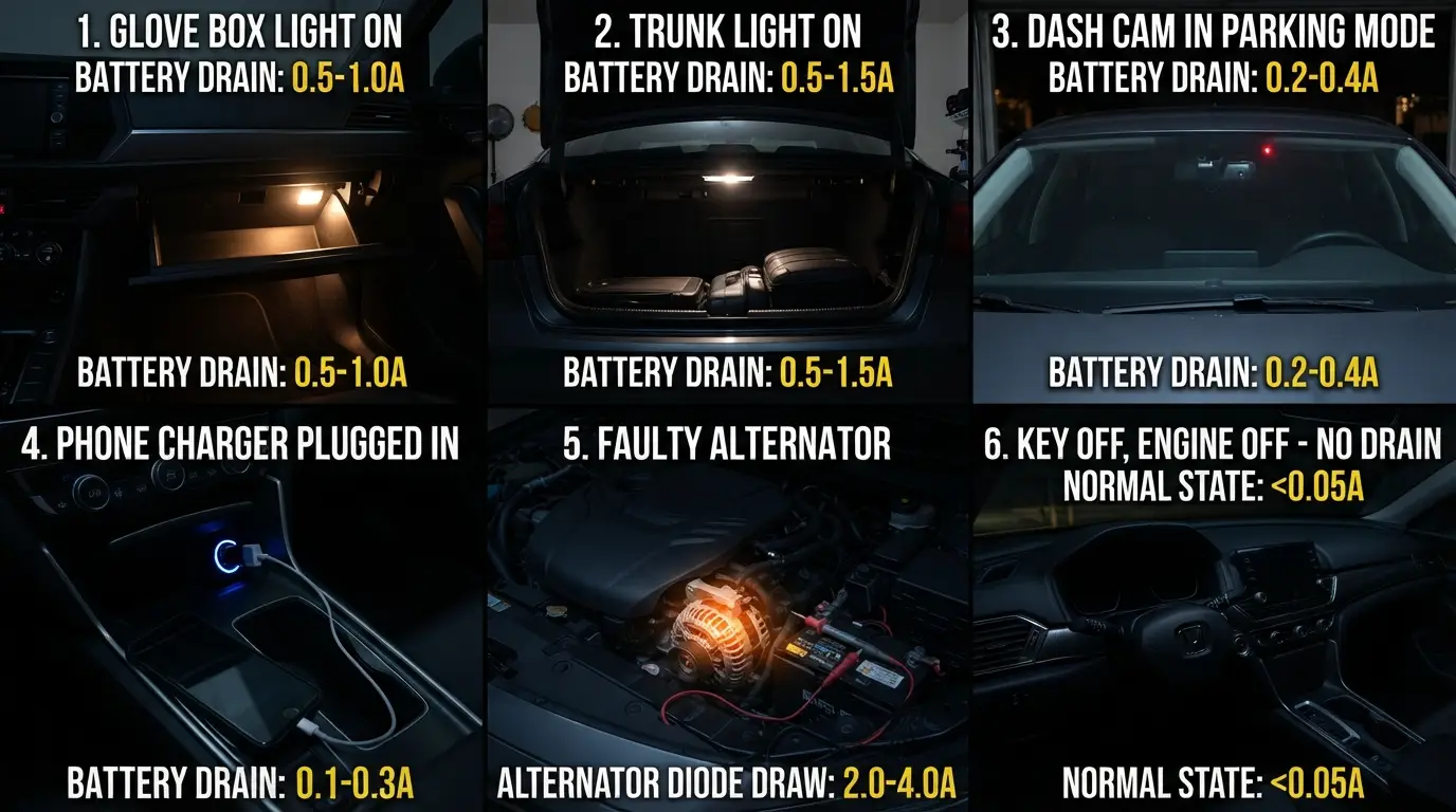 interior light alternator dash cam causing overnight battery drain