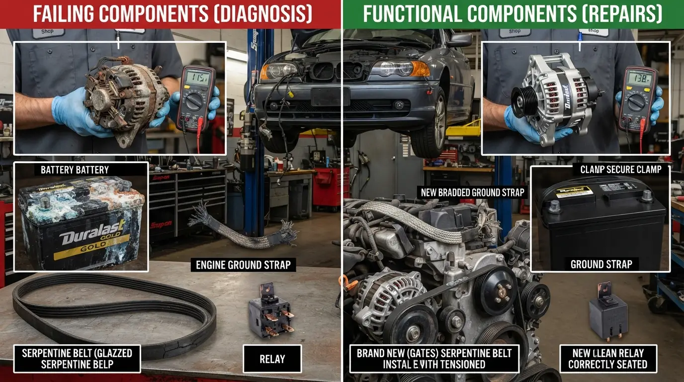 alternator bad ground loose battery terminal causing flickering headlights