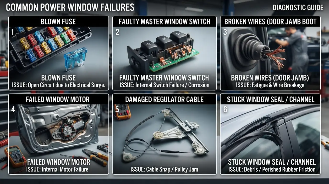 common causes of power windows not working including fuse switch motor and wiring