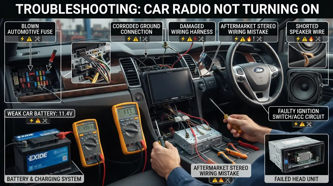 common causes of car radio not turning on including blown fuse bad wiring battery and ground