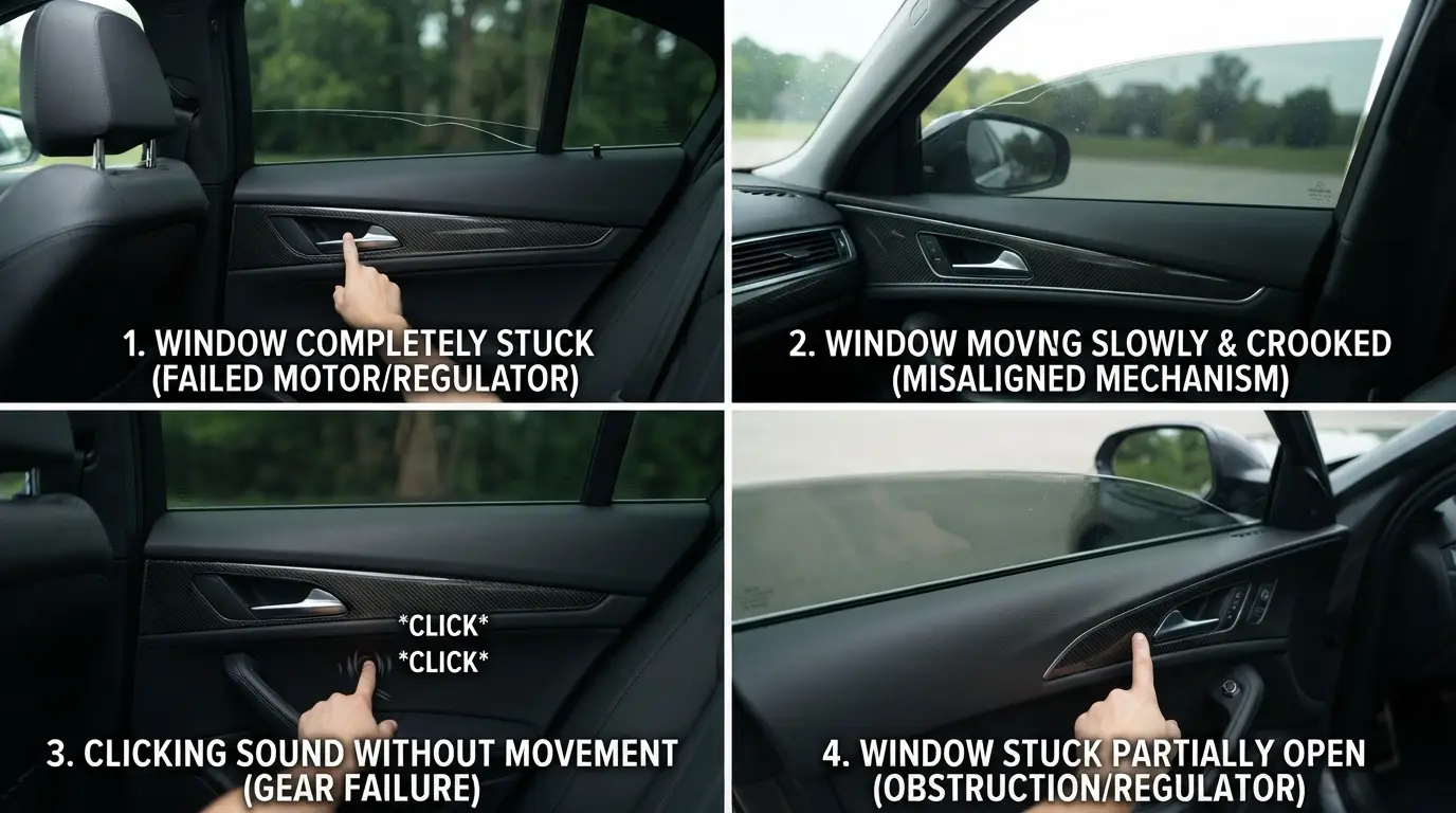 common signs of failing power windows including slow and stuck car window