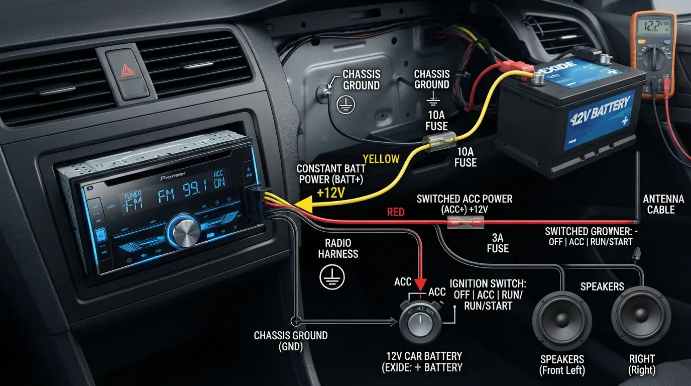 car radio power circuit showing battery ACC power and ground connections