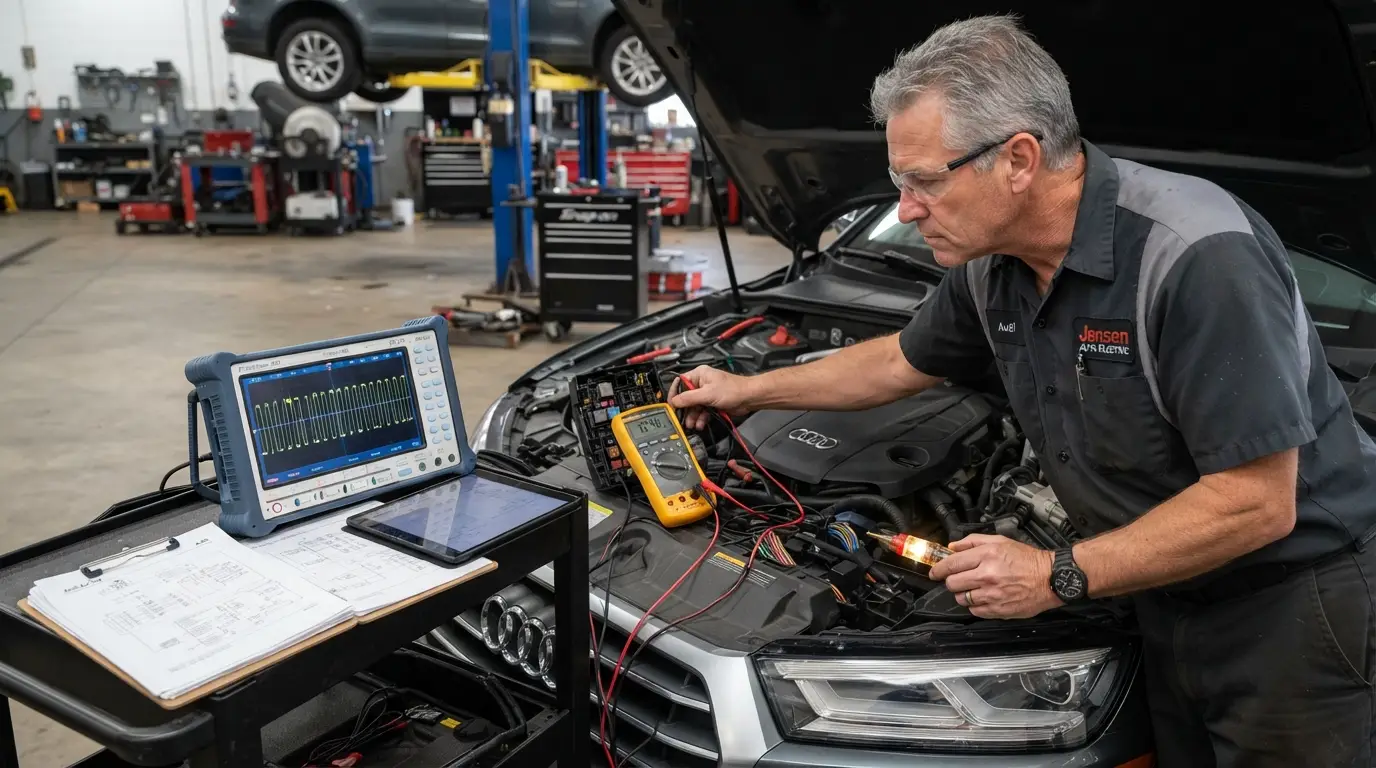 professional auto electrician diagnosing car fuse electrical fault