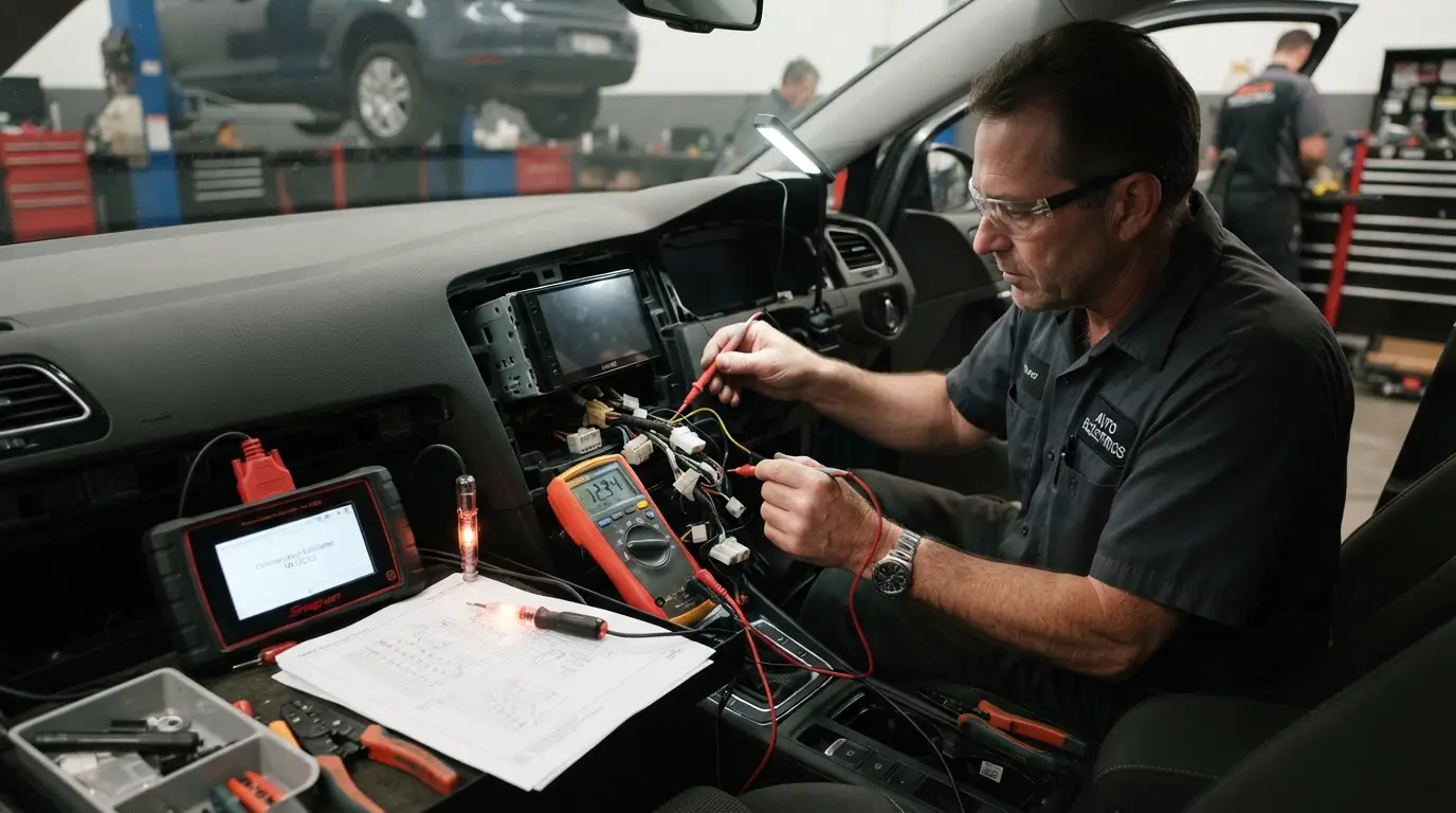 professional technician diagnosing car radio electrical power and wiring problem