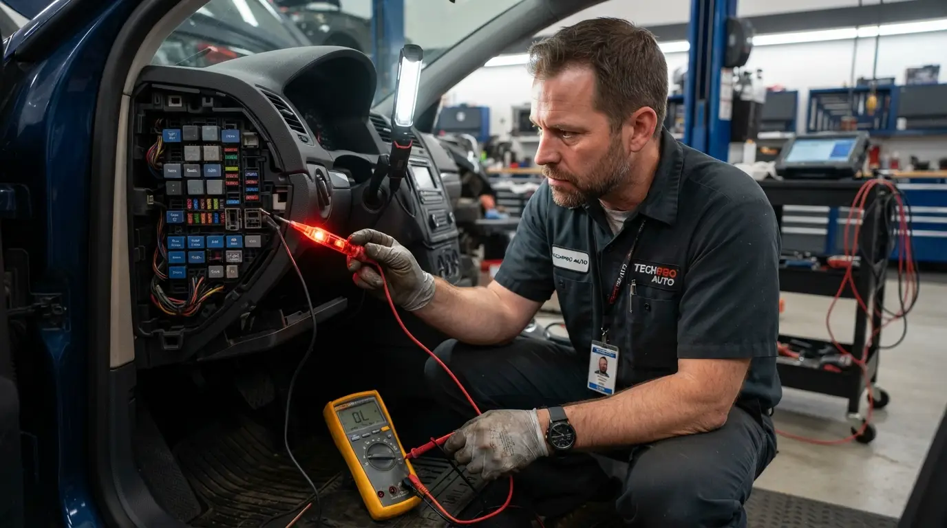 testing blown car fuse with test light and multimeter